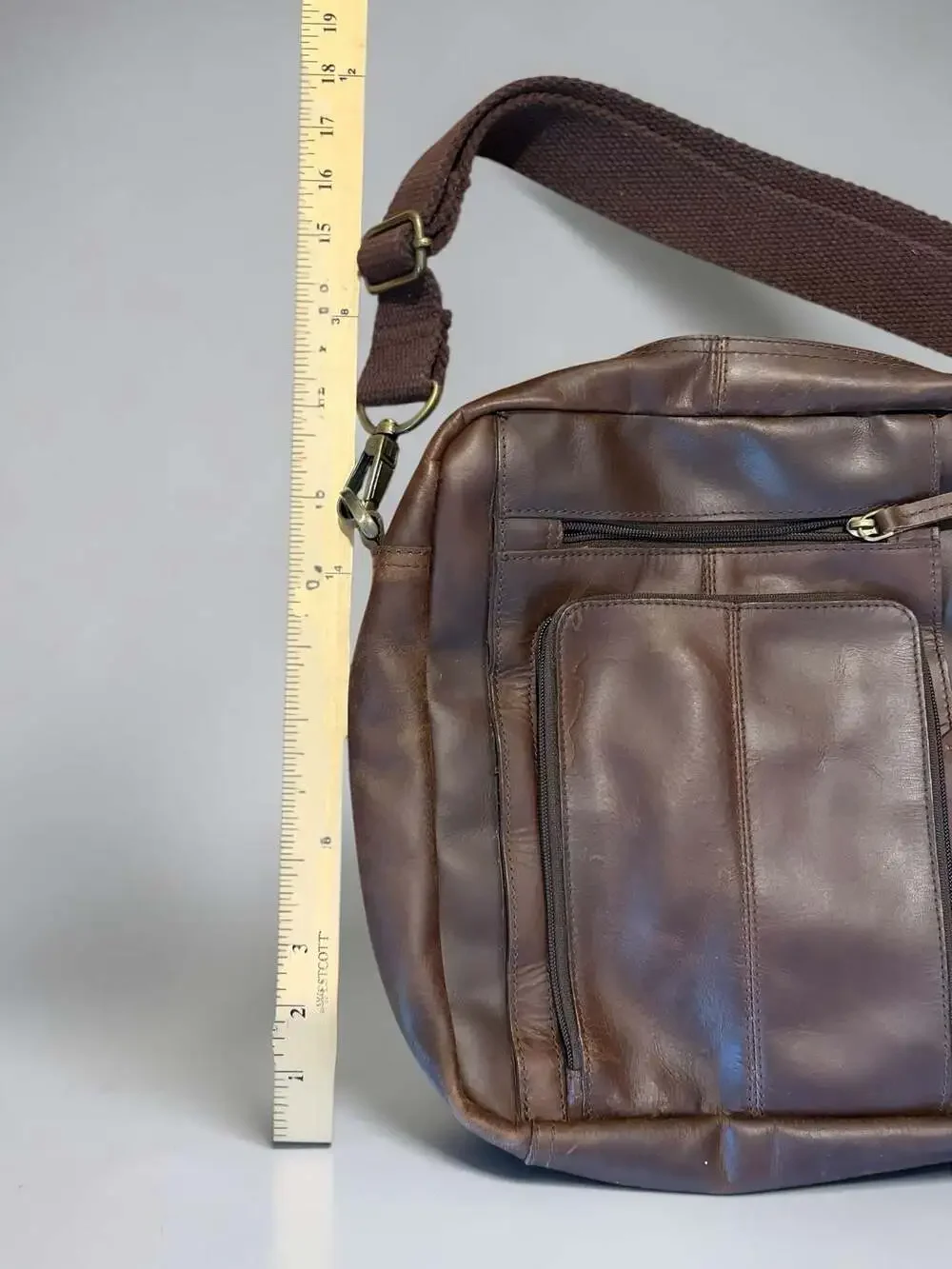 Mens Genuine Leather Multi-Zipper Pocket Crossbody Shoulder Bag